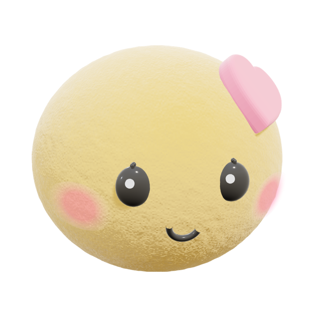 Dot, the studio mascot: a yellow plush dot with a pink heart clip, glossy black eyes and blush cheeks